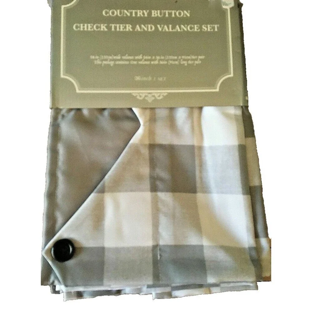Nantucket Star Point Valance Tier Curtain Set Country Button Buffalo Check Gray